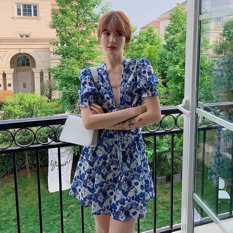 Đầm Hoa Dáng Ôm Cột Nơ Phong Cách Hàn Quốc Thời Trang Xinh Xắn Cho Nữ