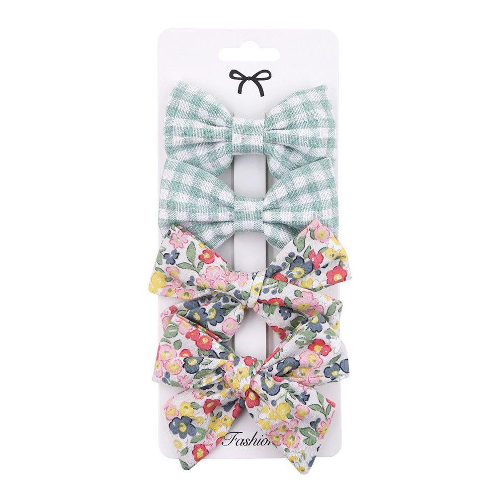 Bộ 4 Kẹp Tóc Cotton Lanh In Họa Tiết Caro / Nơ Xinh Xắn Cho Bé Gái