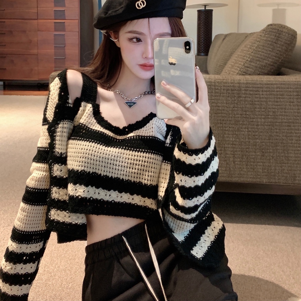 SUXI Áo Croptop Dệt Kim Tay Dài Kẻ Sọc Phong Cách Hàn Quốc