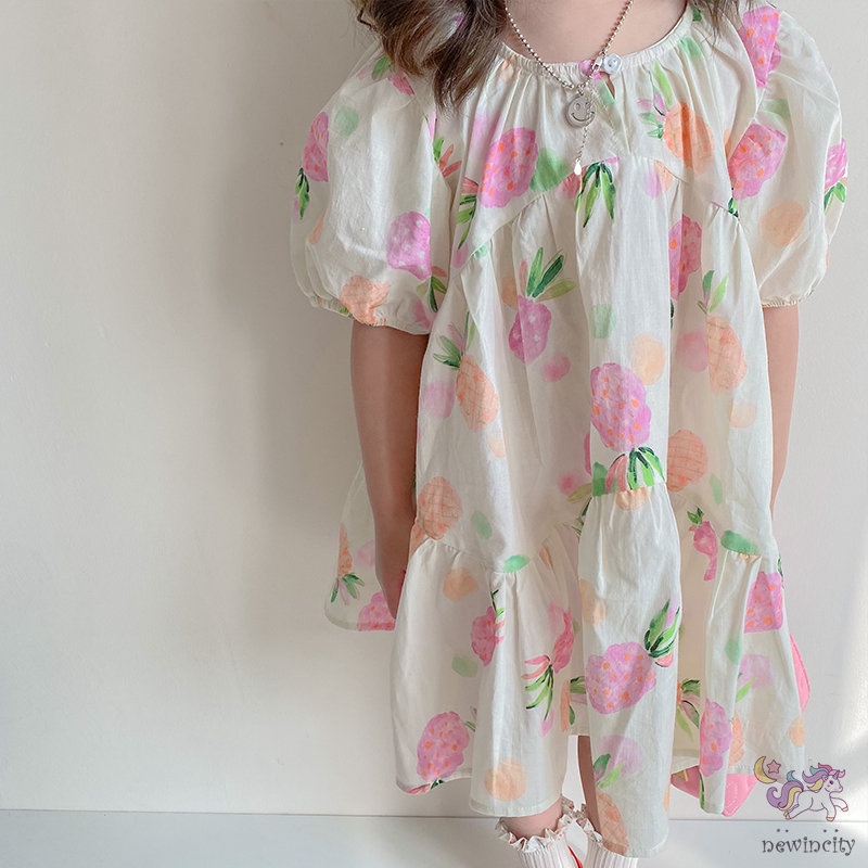 Đầm Công Chúa Tay Phồng In Hoa Dễ Thương Phong Cách Hàn Quốc Cho Bé Gái