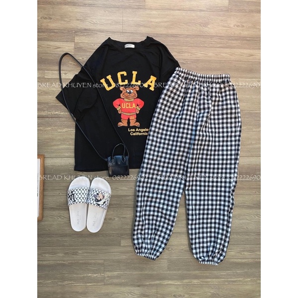 Bộ Sét gấu max quần kẻ bo chun đẹp mê . Áo cotton thun quần thô mềm mát dễ mặc lắm, ở nhà ra ngoài bao xinh xịn