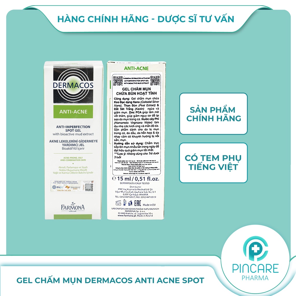 Gel chấm mụn giảm viêm Dermacos Anti Acne Anti Imperfection Spot Gel 15ml - Hàng chính hãng - Nhà thuốc PinCare