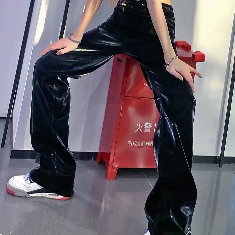 Futuristic shiny liquid disco leather pants liquid light-sensitive straight high waist pants niche pants European and American