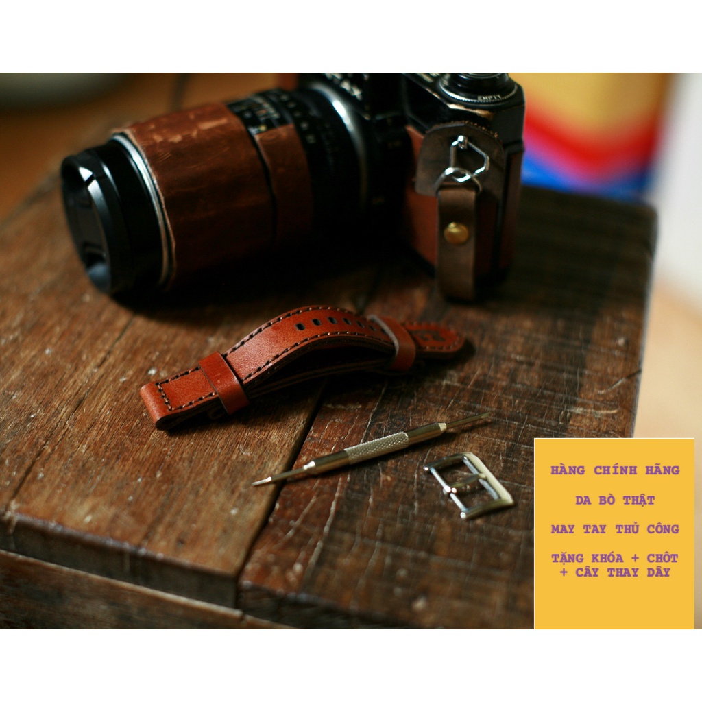Dây Đồng Hồ Da Thật RAM Leather 1980 Da Bò Thật Màu Nâu Sáng Bền Đẹp