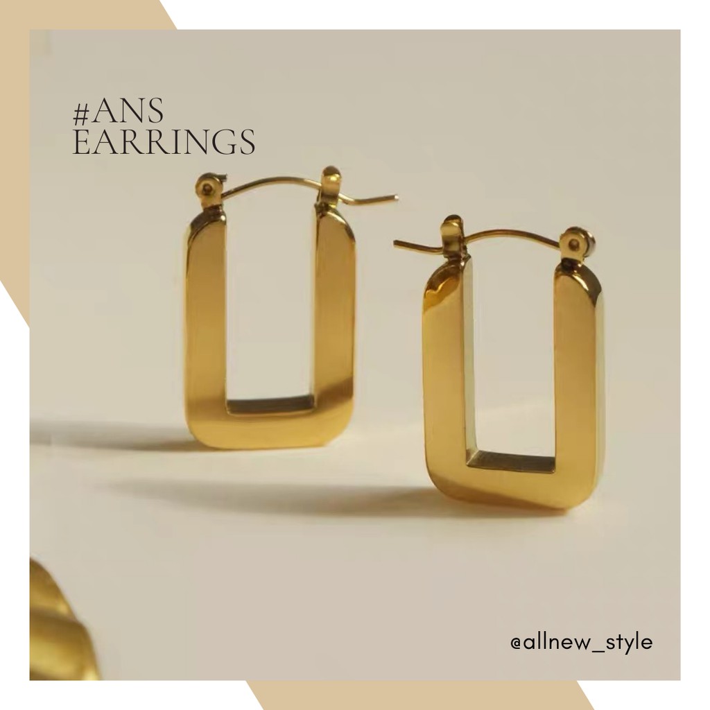Bông tai thép không gỉ chữ U Allnewstyle, mạ vàng thật 18K