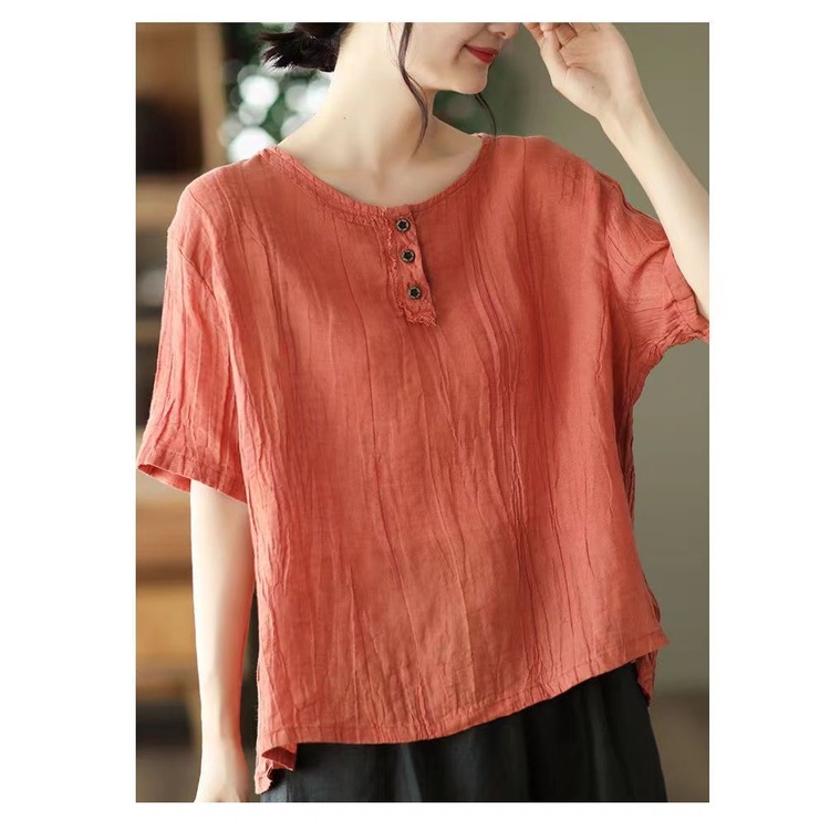 Áo Thun Cotton Linen Tay Ngắn Màu Trơn Dáng Rộng Thời Trang 2022 Cho Nữ Size M-3XL