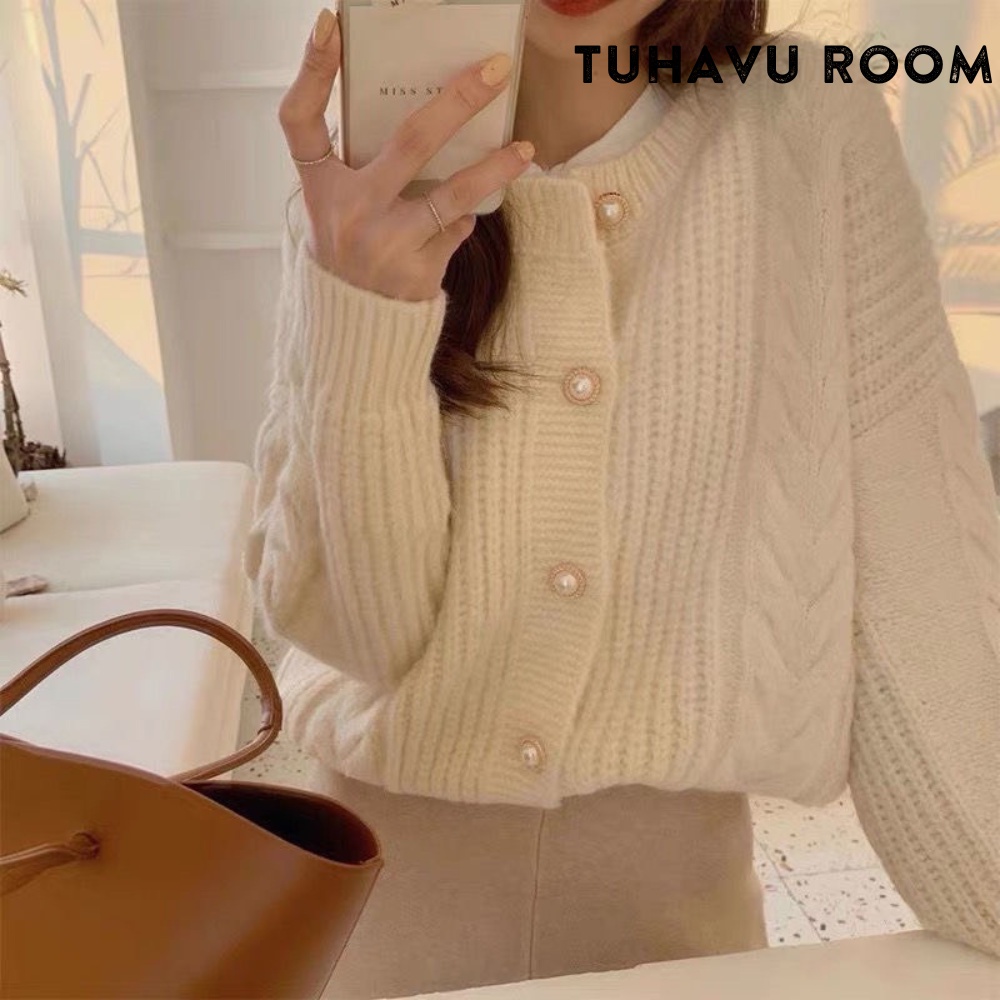Áo khoác cardigan cổ tròn dệt kim đính cúc ngọc