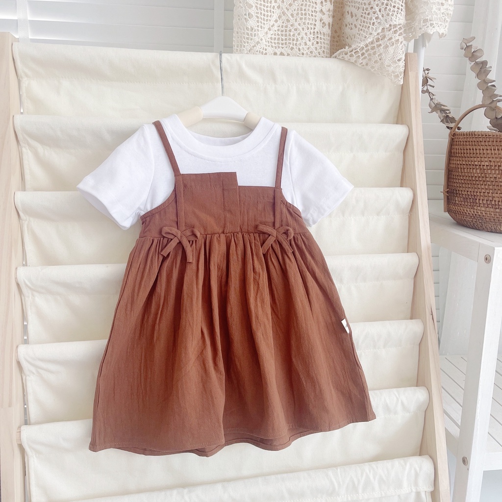 Váy hè cộc tay giả yếm nơ eo cho bé gái 8-21kg (1-5 tuổi