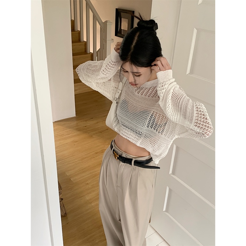 QKOOLE  Áo Croptop Dệt Kim Tay Dài Cổ Tròn Phong Cách Hàn Quốc Cổ Điển Thời Trang Cho Nữ