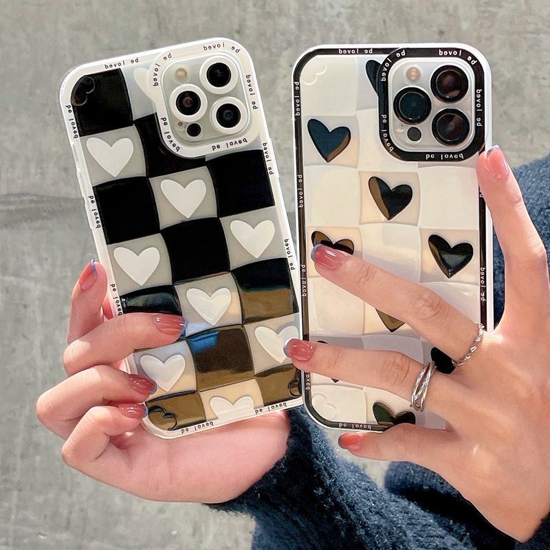 Ốp điện thoại họa tiết caro trái tim thích hợp cho iPhone 13/ 13Promax 12/11 xs / xr