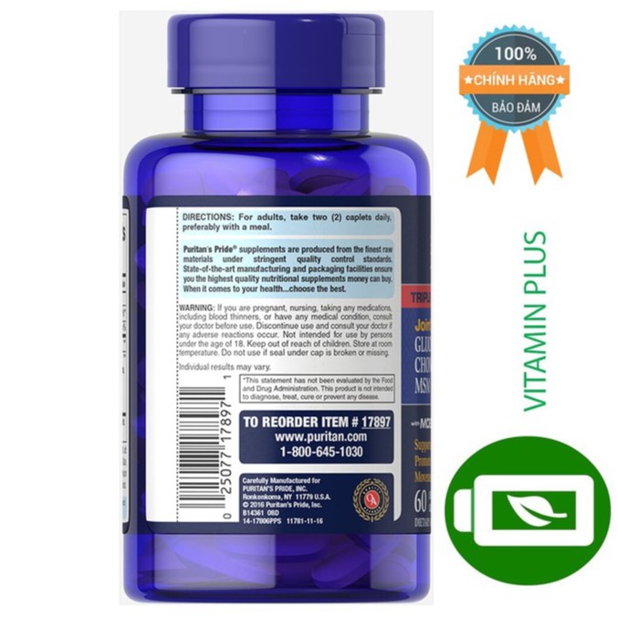 Viên uống giảm thoái hóa,tăng cường dịch khớp,giúp khớp cử động linh hoạt Triple Strength Glucosamine 60 viên HSD 8/2020