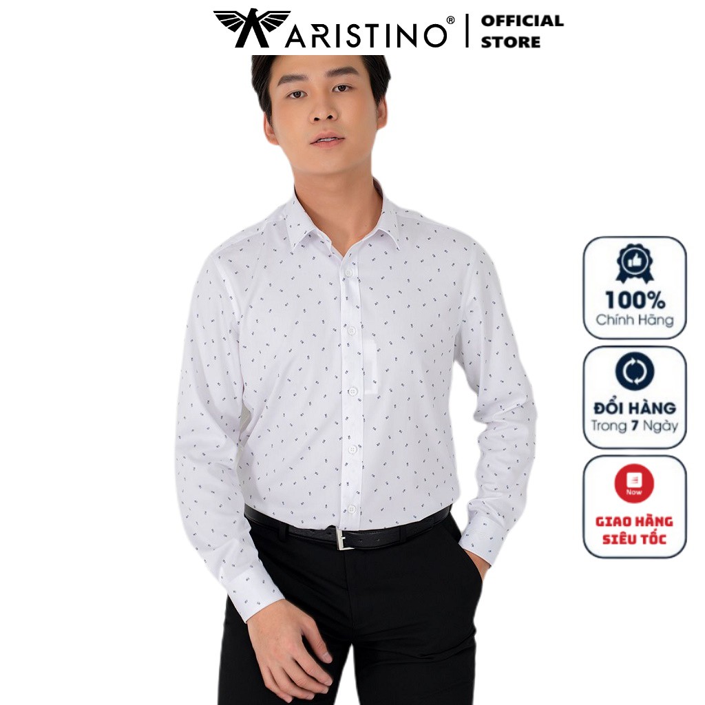 Áo Sơ Mi Nam Dài Tay ARISTINO ALS20209 Somi Công Sở Cao Cấp Màu Trắng In Lá Xanh Chất Liệu Cotton Dáng Ôm Không Túi