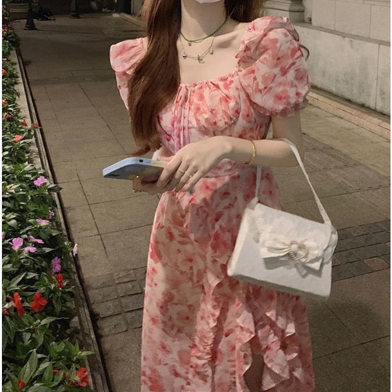 [MURIOKI] Đầm Midi Chữ A Tay Ngắn Phồng Cổ Vuông Họa Tiết Hoa Phong Cách Hàn Quốc Thời Trang Cho Nữ