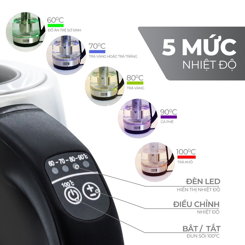 Ấm siêu tốc thủy tinh Lebenlang LBDD2628 1.7L điều khiển nhiệt độ đun