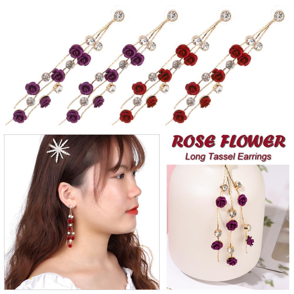 Bông Tai Dáng Dài Đính Hoa Hồng Tím Lấp Lánh Thời Trang Dự Tiệc Cưới