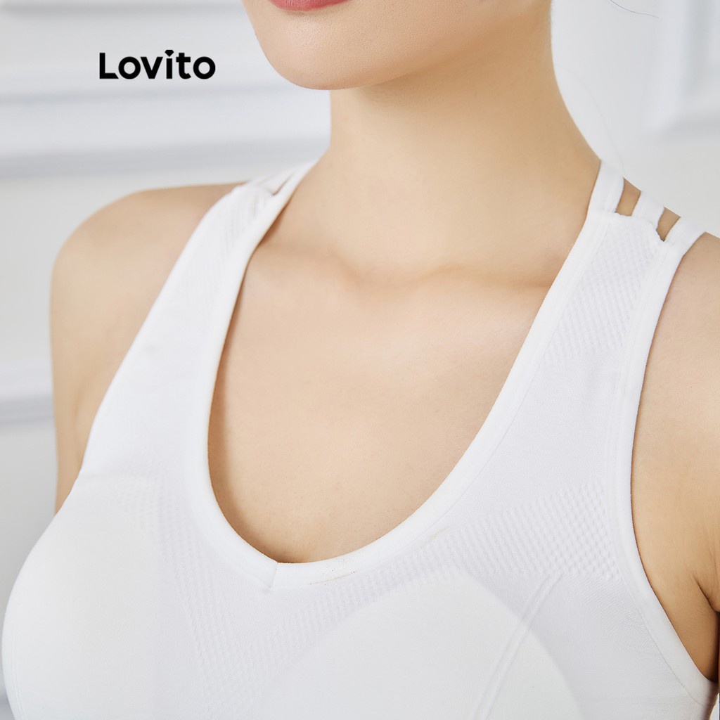 Áo ngực thể thao Lovito dây đan chéo phía sau liền mảnh màu trơn hỗ trợ trung bình tập yoga cho nữ L15X187 (Đen/ Trắng)