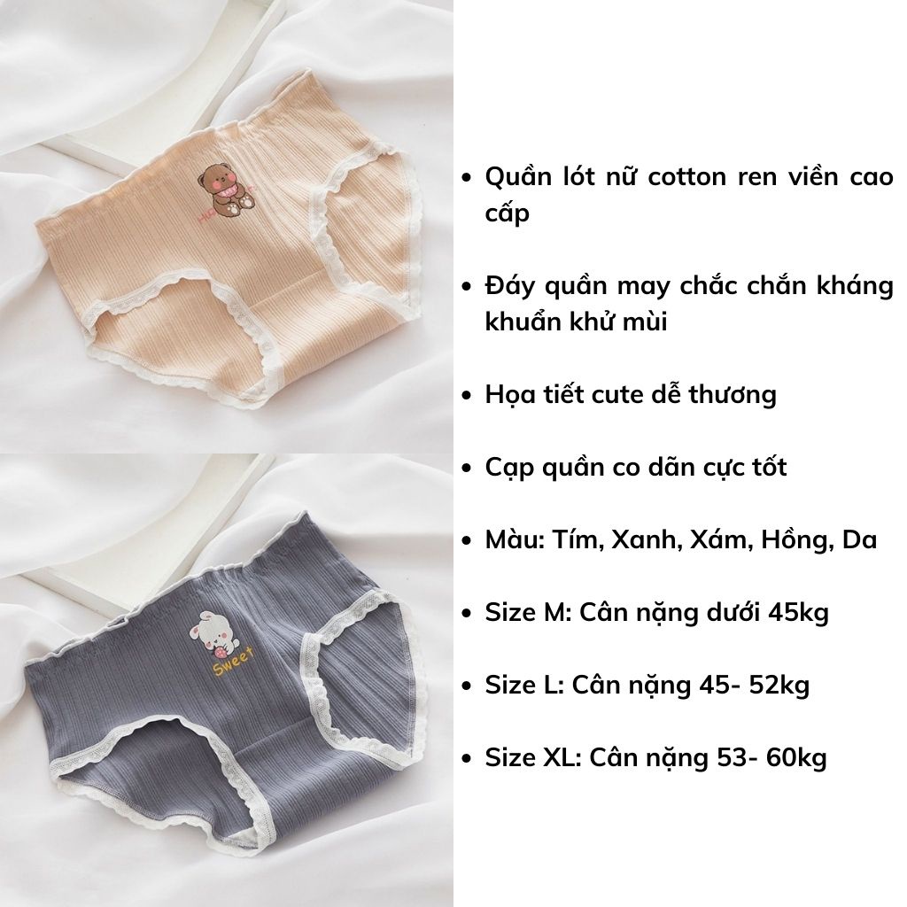 Quần lót nữ cotton ren viền kháng khuẩn, Quần chíp nữ họa tiết dễ thương cute LANIXA L2899