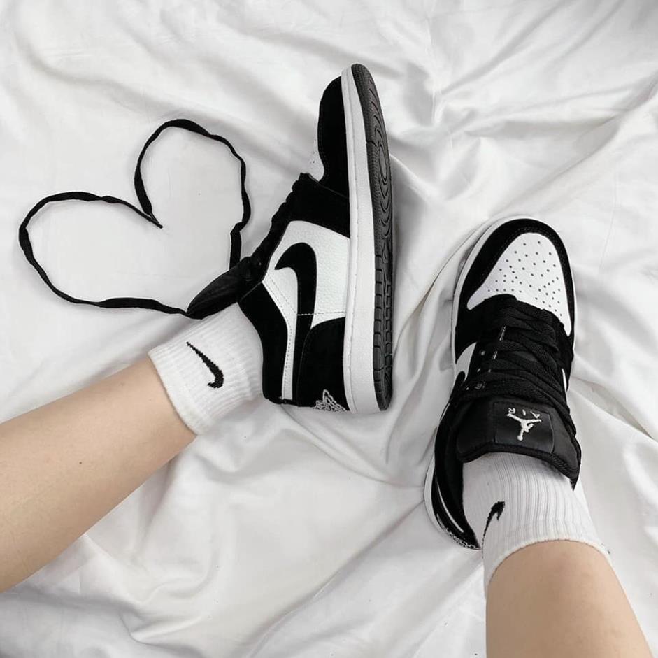 Giày Jordan air cổ thấp panda màu đen trắng nam nữ, Sneaker JD1 low Panda đen bản đẹp full size