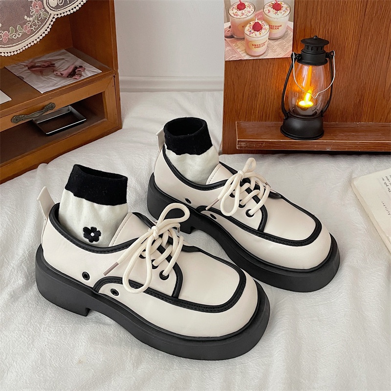 Giày Da Mũi Vuông Đế Dày Buộc Dây Kiểu retro Anh Dễ Thương Cho Nữ