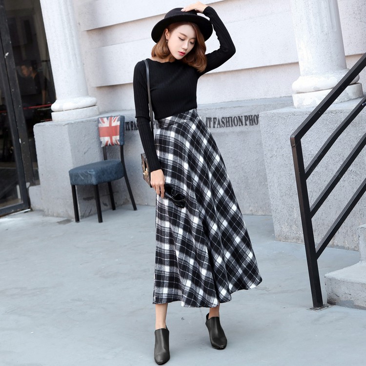 New autumn and winter plaid skirt women's A-line skirt long tweed dress swing skirt