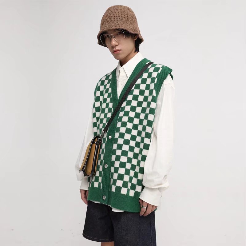 ✦AFFLIGA✦ Áo Khoác Cardigan Dệt Kim Màu Trơn Họa Tiết Cờ Vua Thời Trang Hàn Quốc Cho Nam
