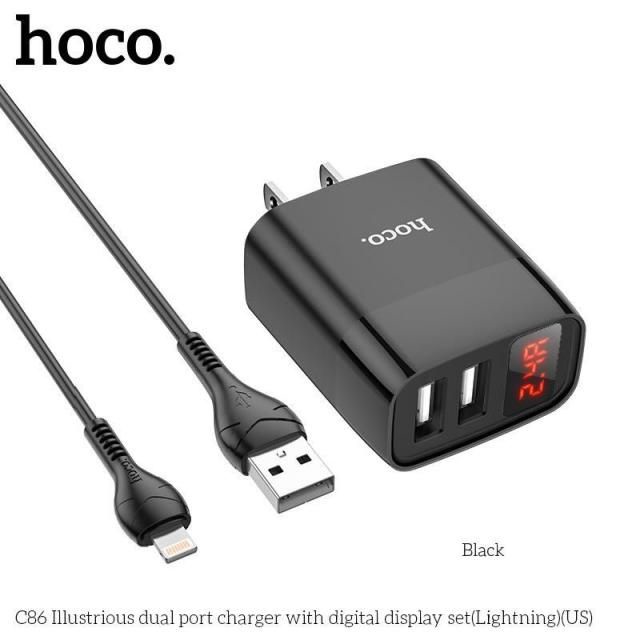 V8 - Bộ Sạc Nhanh Hoco C86 - 2,4A cổng Micro, có đèn Led hiển thị Ampe, Sạc cùng lúc 2 thiết bị, Hàng chính hãng