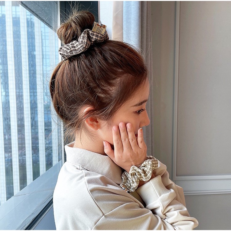 Cột tóc vải scrunchies sọc CARO NÂU ĐEN đơn giản thời thượng hàn quốc S31