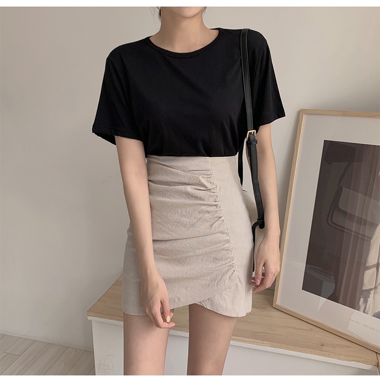 Chân váy ngắn Lưng cao Vạt lệch Màu trơn Dáng chữ A Retro Ulzzang Hàn Quốc Chân váy ngắn trơn Cạp cao Thời trang