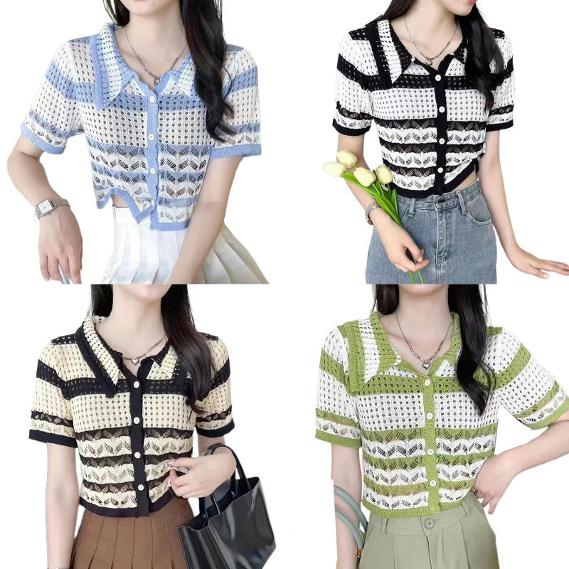 Áo Khoác Cardigan Dệt Kim Cài Nút Tay Ngắn Họa Tiết Kẻ Sọc Thời Trang Mùa Hè Cho Nữ