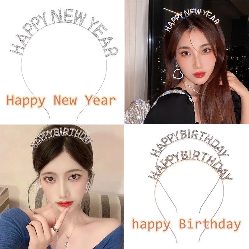 Băng Đô Hợp Kim Đính Đá Chữ Happy Birthday Thời Trang