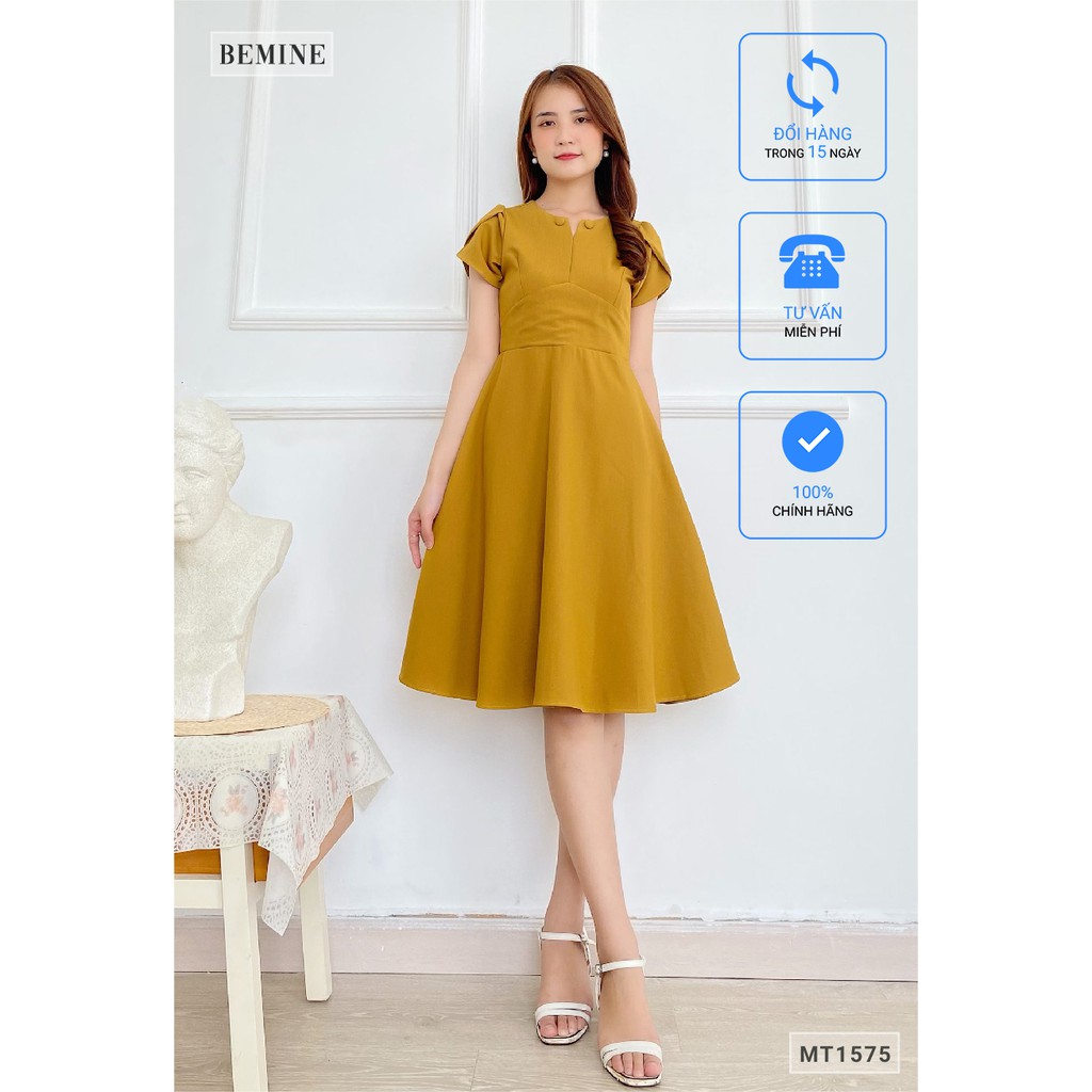 Đầm cổ đính 2 nút bọc tay búp sen BEMINE MT1575VANG