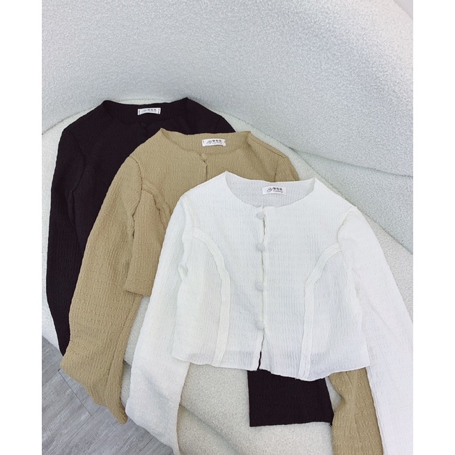 Áo croptop tay dài xốp nhẹ cúc bọc viền bèo hàng quảng châu cao cấp yansoo.vn