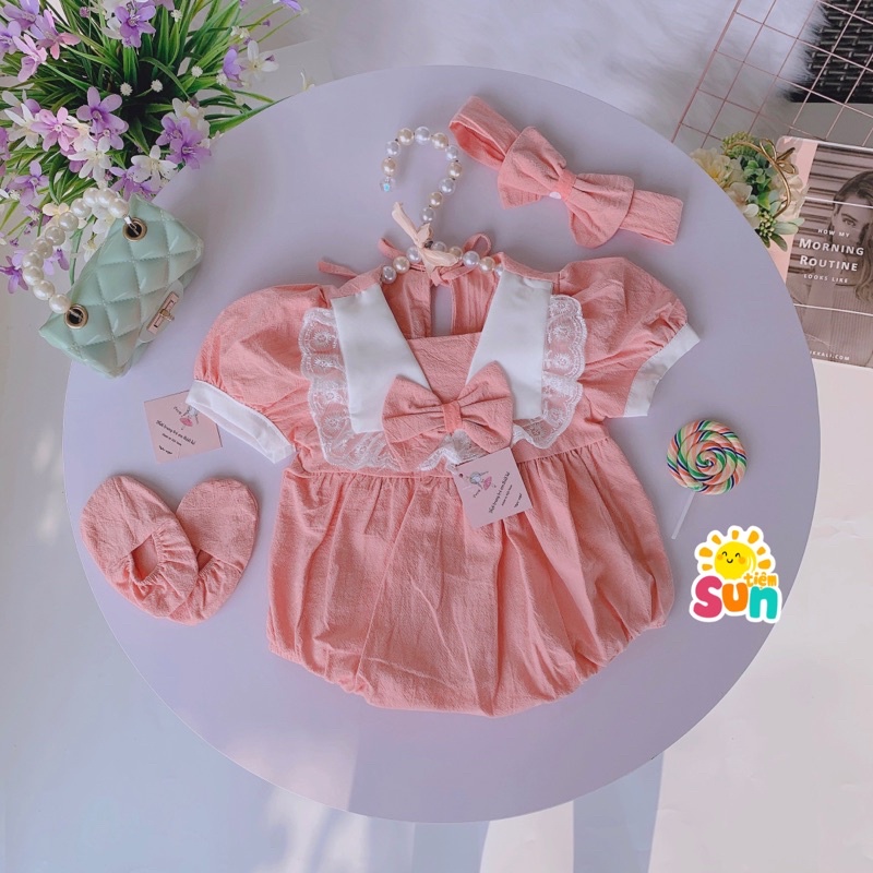 𝗧𝗮̣̆𝗻𝗴 𝘁𝘂𝗿𝗯𝗮𝗻 𝘃𝗮̀ 𝗴𝗶𝗮̀𝘆 𝘃𝗮̉𝗶 Body cộc tay cho bé gái size 4-11kg, vải thô đũi mềm mát, B cổ thuyền cộc tay