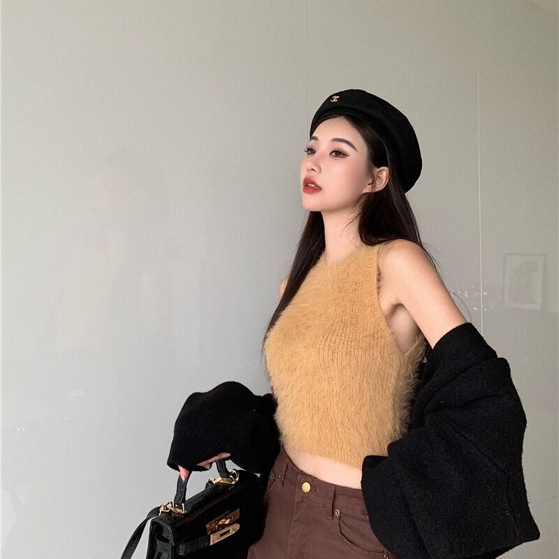 Áo dệt kim sát nách cổ tròn màu trơn đơn giản hợp thời trang