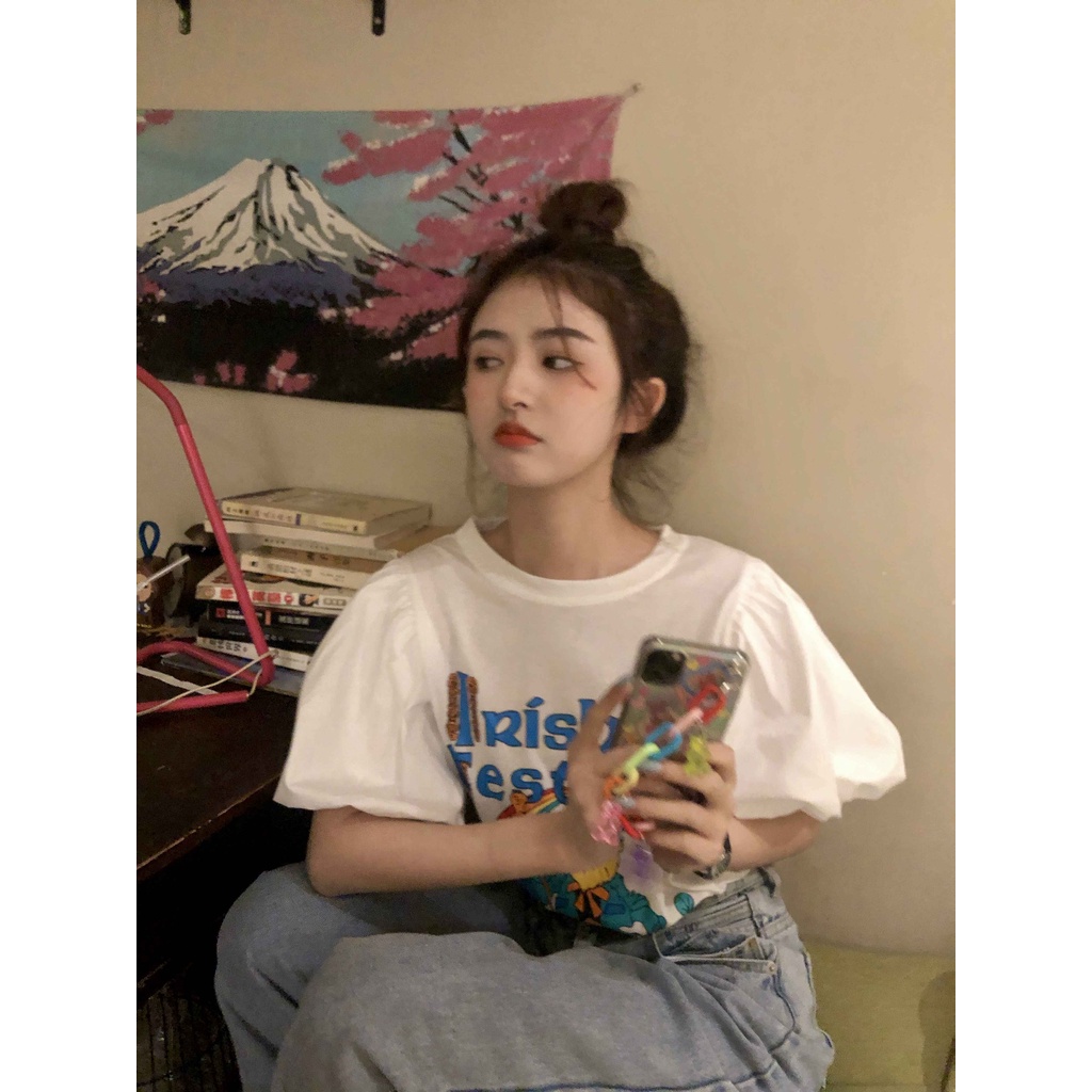 Áo Thun Tay Ngắn Phồng Dáng Rộng In Họa Tiết Hoạt Hình Thời Trang Mùa Hè 2022 Cho Nữ