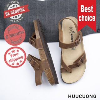 Sandal HuuCuong xỏ ngón da bò nâu/ đen/ Rêu đế trấu, chính hãng giầy dép sandal Hữu Cường, bảo hành 6 tháng
