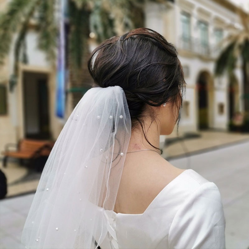 Khăn Voan Che Mặt Cô Dâu Đính Hạt Xinh Xắn Phong Cách Hàn Quốc