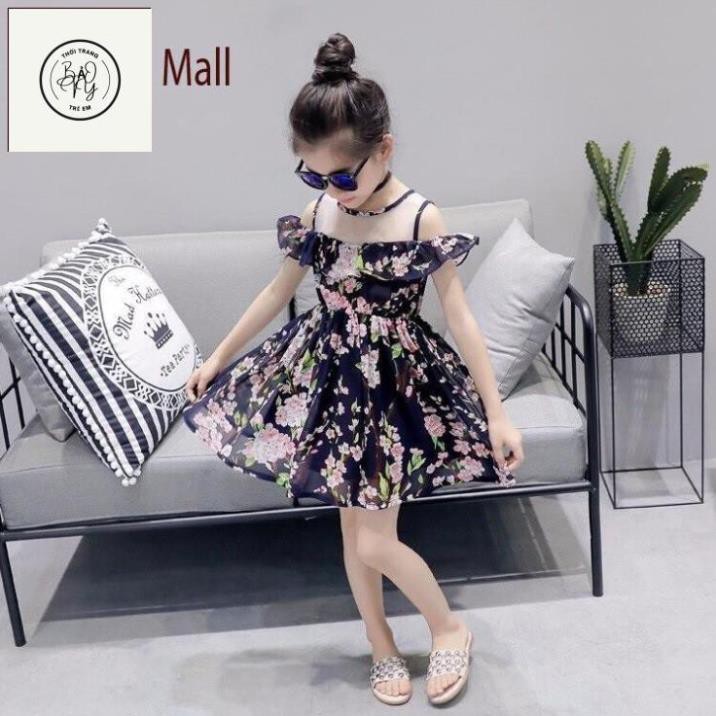 Váy đầm maxi bé gái in hoa, may phối voan lưới hở vai xinh xắn - Thời trang trẻ em - Bảo Vy