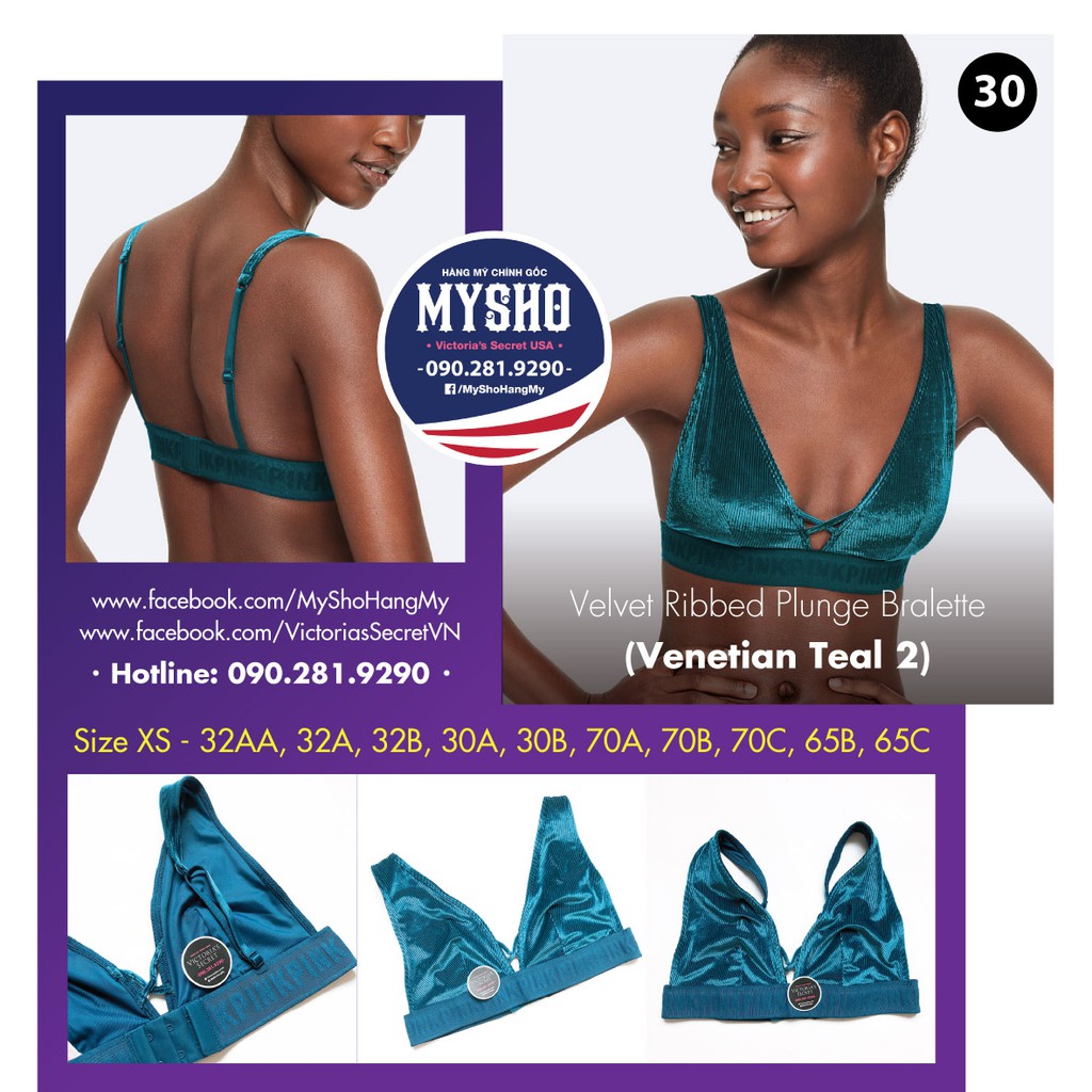 Áo bralette 30 Velvet Venetian Teal, màu xanh, không mút - Size XS