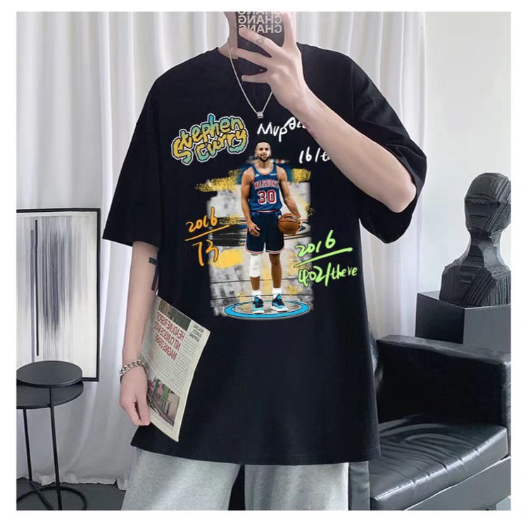 Áo Thun Vintage STEPHEN CURRY Tay Lỡ Unisex - Đen/Trắng Cổ Tròn | Blackwork