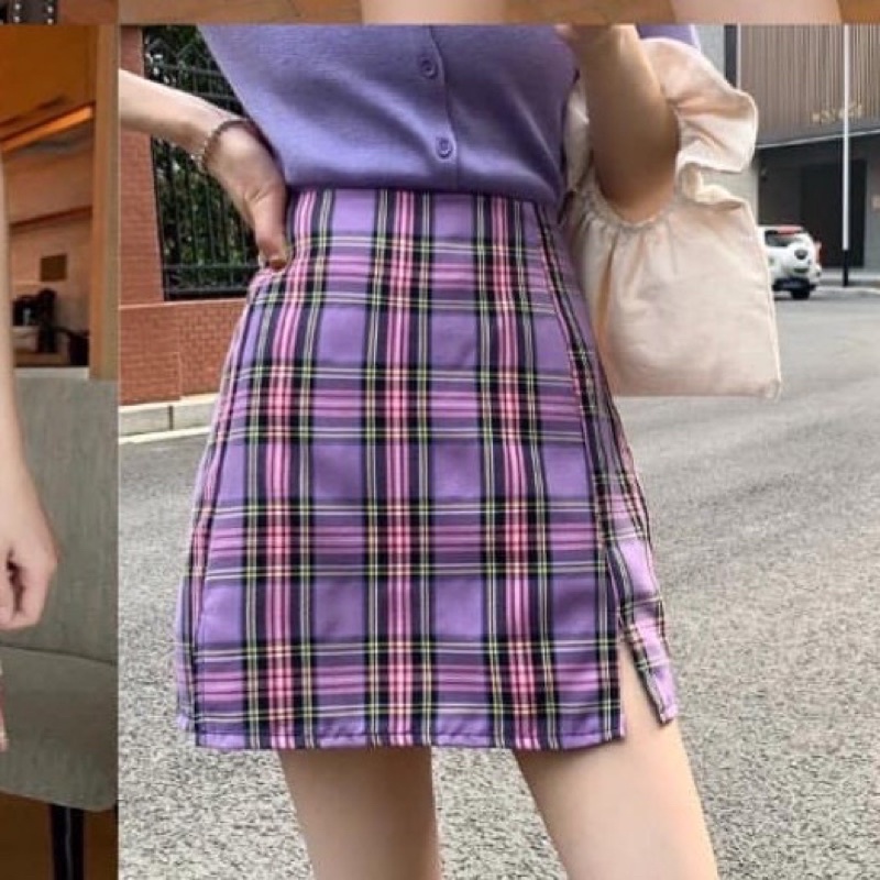 Chân Váy Caro Màu Tím Chữ A Xẻ Lai Có Quần Lót Trong Dáng Ôm Ulzzang Size S