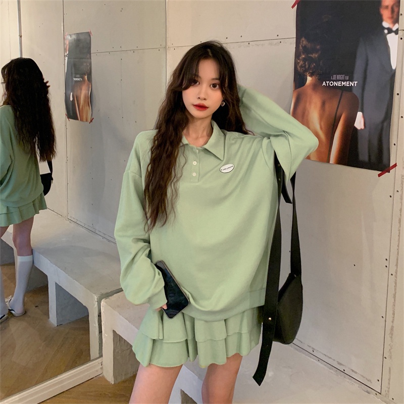 Bộ Áo Sweater Cổ POLO Phối Chân Váy Lưng Cao Thiết Kế Quyến Rũ Cho Nữ