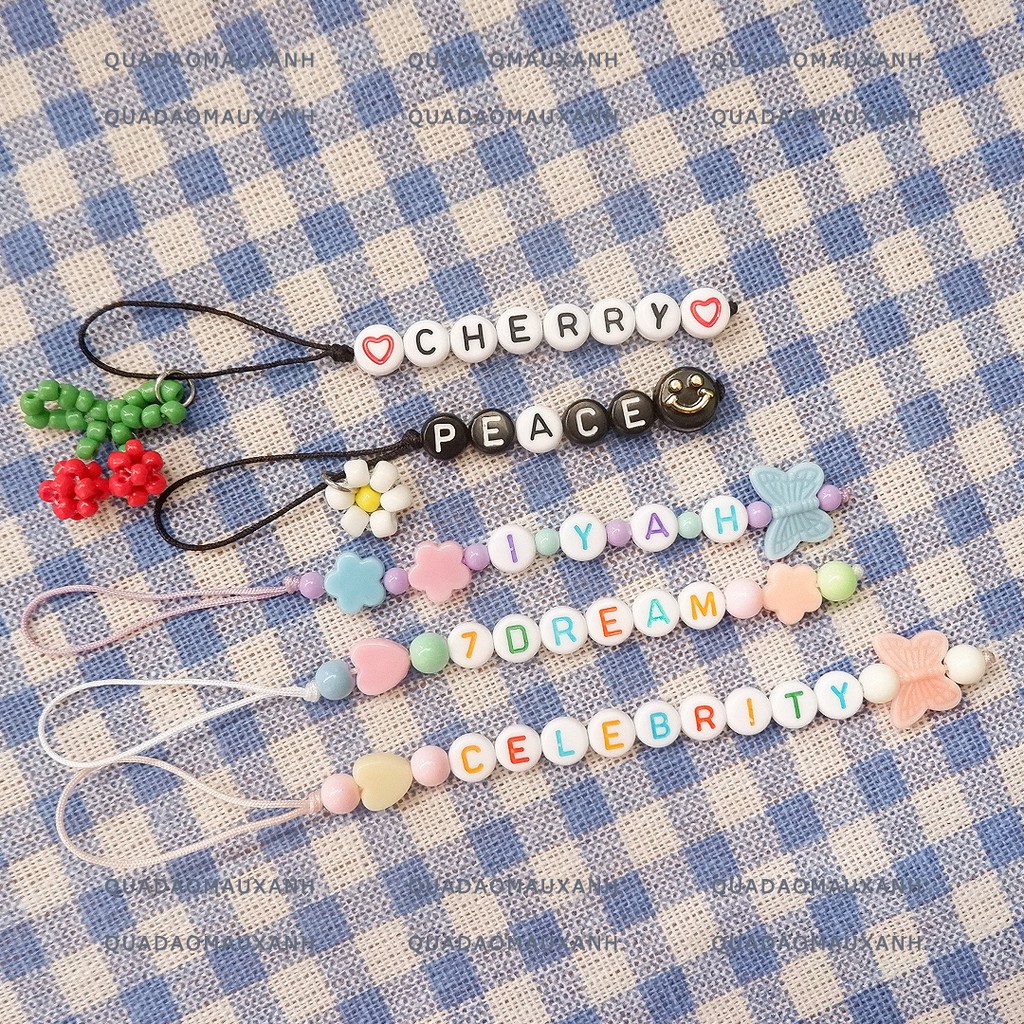 VER-1 Móc khóa dây treo handmade phối hạt cườm màu pastel thay charm chữ cái tên theo yêu cầu #Quadaomauxanh