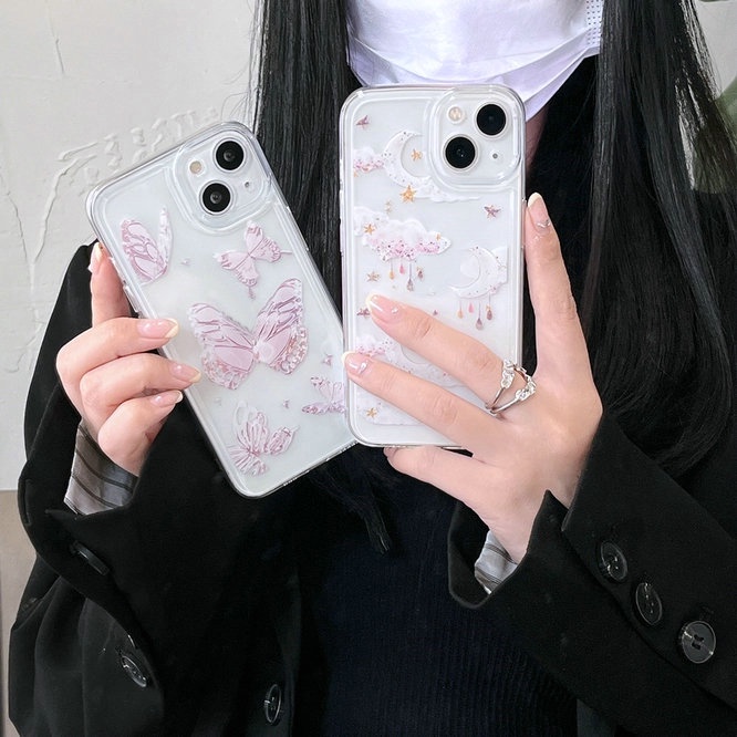 Casing For IPhone 13 Pro Max 12 11 ProMax X Xs Xr 7 8 SE 2020 Plus 7+ 8+ Xsmax 13Promax 12Promax 11Promax Cute Butterfly Star Moon Clear Fine Hole Shockproof Soft Phone Case Cover JSCK 11