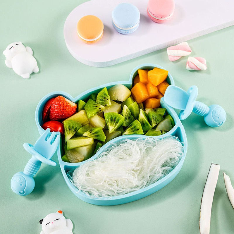 Bộ đồ ăn cho bé gồm muỗng nĩa khay đựng thức ăn bằng silicon OMG