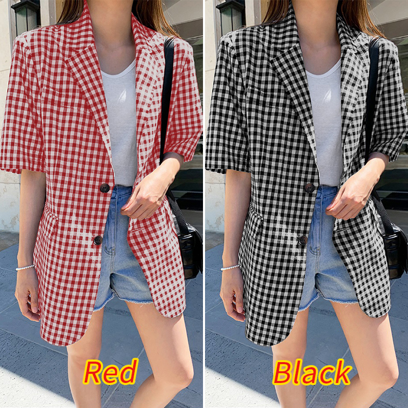 Áo Khoác Blazer ZANZEA Tay Ngắn Họa Tiết Ca Rô Thanh Lịch Dành Cho Nữ