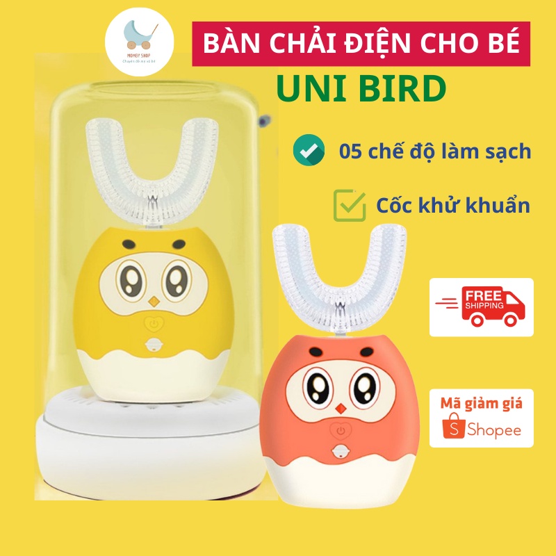 Bàn chải điện cho bé cao cấp Unibird, phù hợp cho bé từ 2-12 tuổi, có nhạc, có cốc khử khuẩn [Tặng 01 đầu chải]