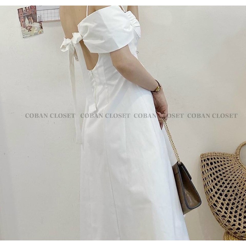 ĐẦM NƠ RỚT VAI TRẮNG KEM ĐEN