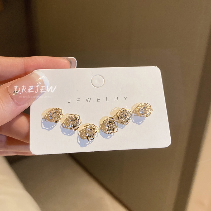 DREJEW Set 6 khuyên tai kiểu bông hoa đính đá zircon thời trang Hàn Quốc dành cho nữ