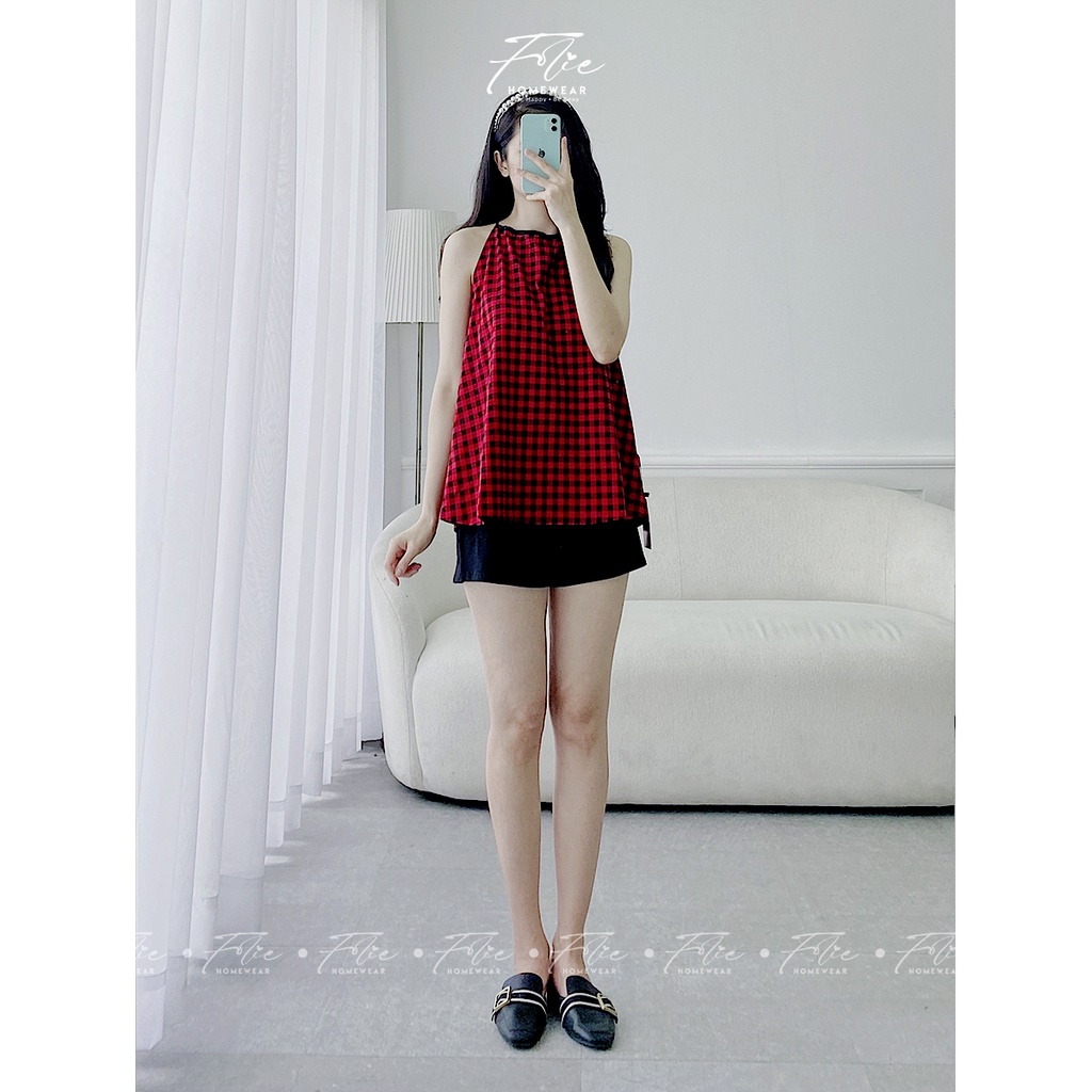 [Chính hãng]FolieHomewear Đồ bộ mặc nhà áo yếm caro đỏ quần đùi (short) chất liệu thun cotton FB105.3 | BigBuy360 - bigbuy360.vn